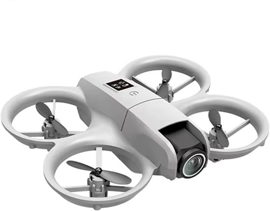 Witte drone met camera en propellers, geïsoleerd op witte achtergrond.