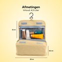 Afmetingen toilettas: 21 cm hoog, 25 cm breed, 8,5 cm diep. Inhoud 4,5 liter.