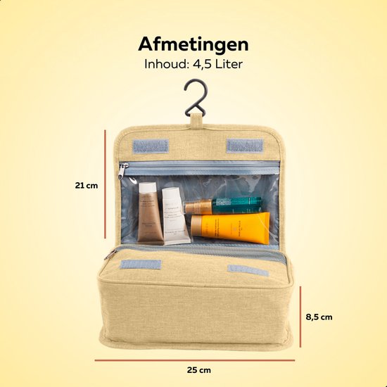 Afmetingen toilettas: 21 cm hoog, 25 cm breed, 8,5 cm diep. Inhoud 4,5 liter.