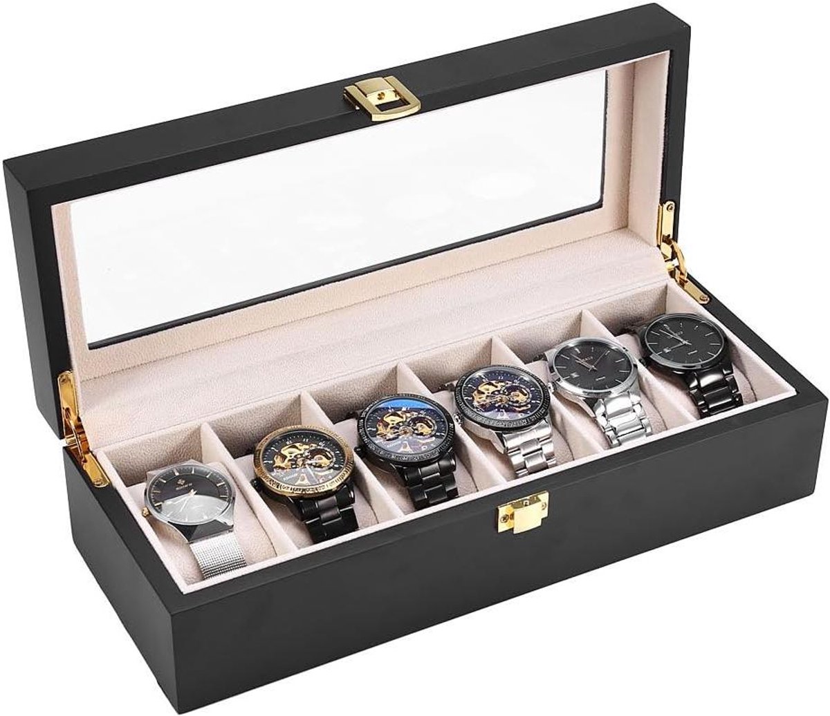 SouqOne - Houten koffer voor horloges - Horloge-opbergdoos - Glasdeksel - Verwijderbare pads - Metalen sluiting - Opbergdoos horloges - Geschikt voor diverse horloges - Houten model met 6 compartimenten.