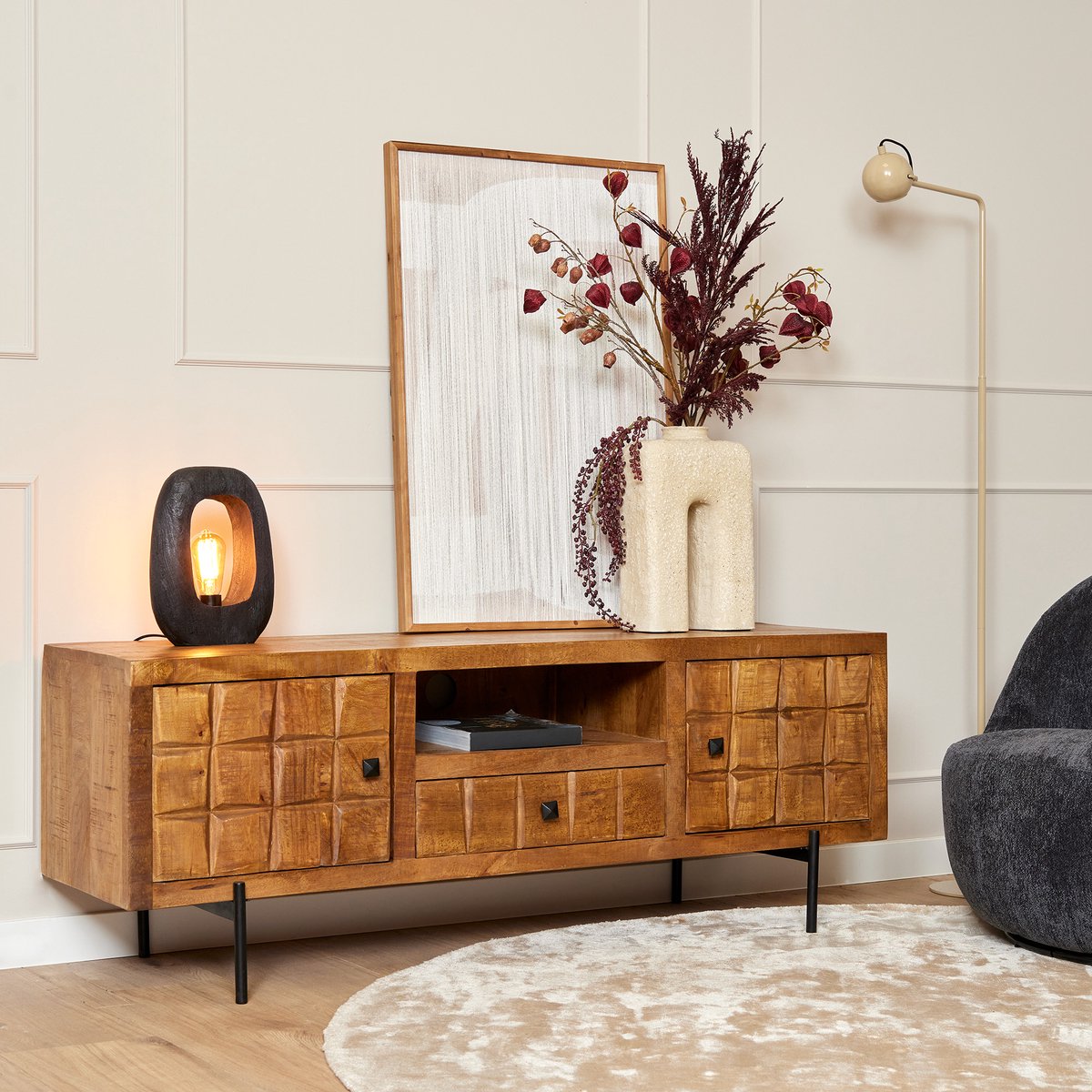 Meubels4nu - Tv meubel - Brandy - Tv dressoir - Mangohout - 150cm - Landelijk - Industrieel - Geblokt - Hout - Snelle levering