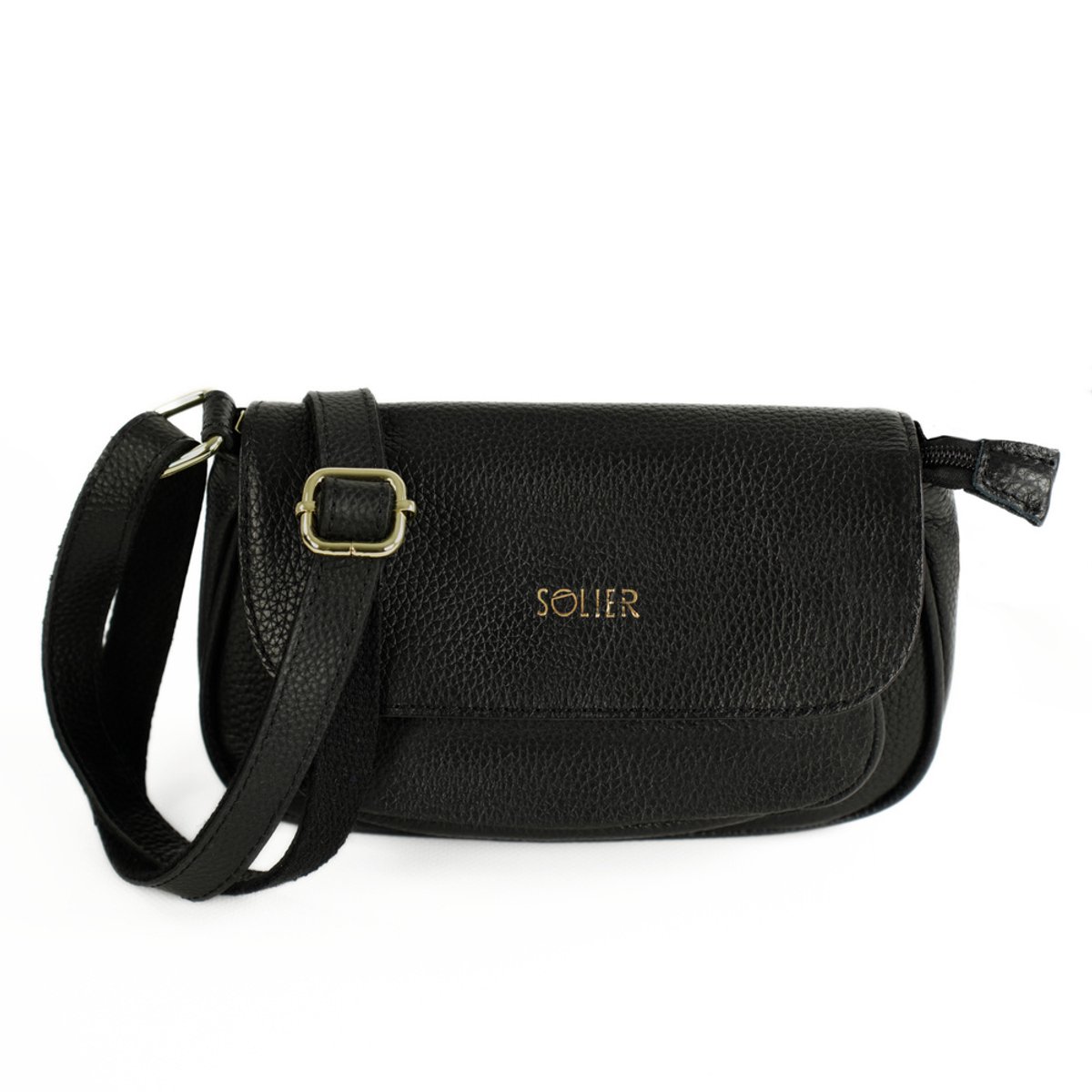 Solier FL51 YSELLE crossbodytas dames – kleine leren schoudertas met klep en rits – zwart