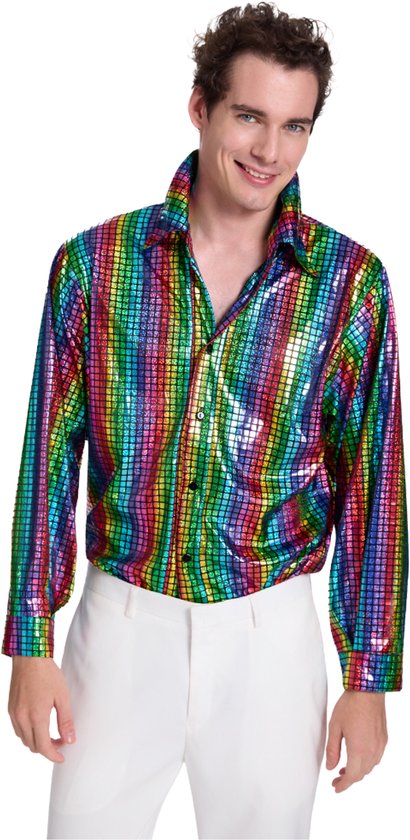 Joya Party® Disco Overhemd Heren | Metallic Regenboog | 70s 80s Disco Shirt | ABBA verkleedpak Mannen | Carnaval & Thema Feest | Dance Blouse Volwassenen | Maat XL/XXL