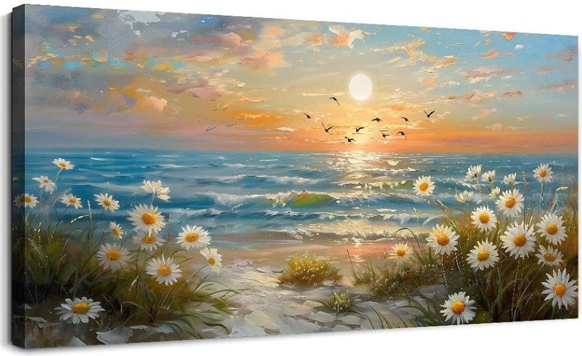 Groot Canvas Schilderij 59x119 Cm – Moderne Zonsopgang Kust Wanddecoratie Voor Woonkamer - Slaapkamer - Keuken & Kantoor