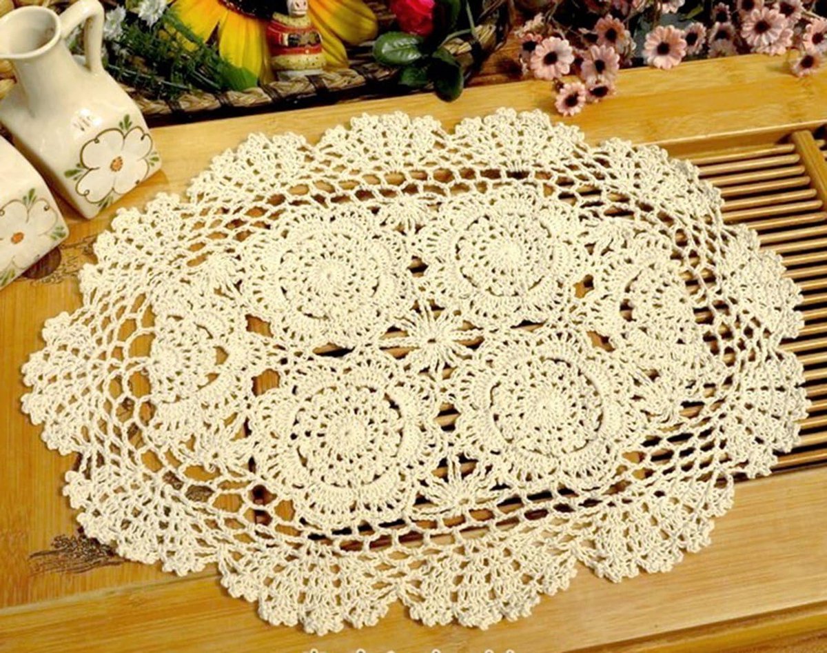 Candala Beige 28x43 cm Ellips 100% HANDGEMAAKT Gehaakte Kant Placemats Kleedjes