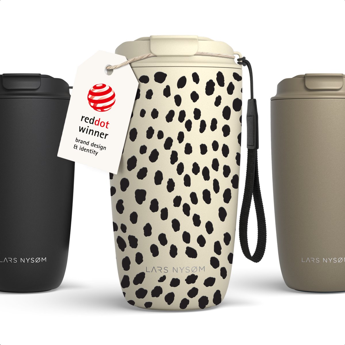 LARS NYSØM Nøgen Thermo Coffee Mug-to-go 500ml - BPA-vrij met Isolatie - Met Draagriem & Tritan Deksel (Almond Beige/Abstract/Gloss Black)