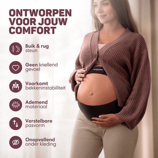 Zwangere vrouw met handen op buik, met icoontjes die buik- en rugsteun, geen knellend gevoel, bekkeninstabiliteit, ademend materiaal en verstelbare pasvorm aangeven.