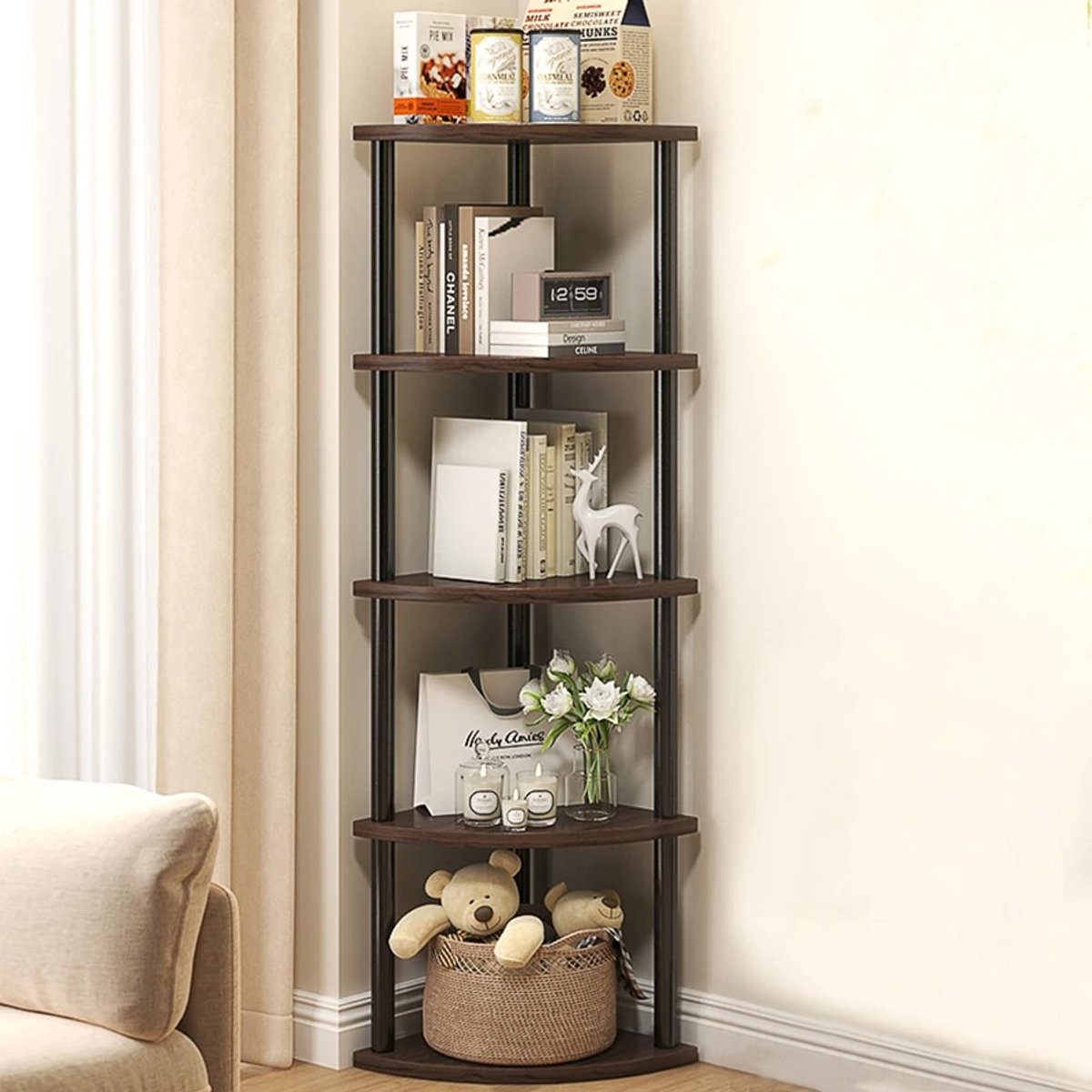 Boekenkast - Planken voor Boeken - 5 Hoog - Opbergrek - Hoekplank - Woonkamer - Thuis - Hoekmeubel - Bruin/Zwart