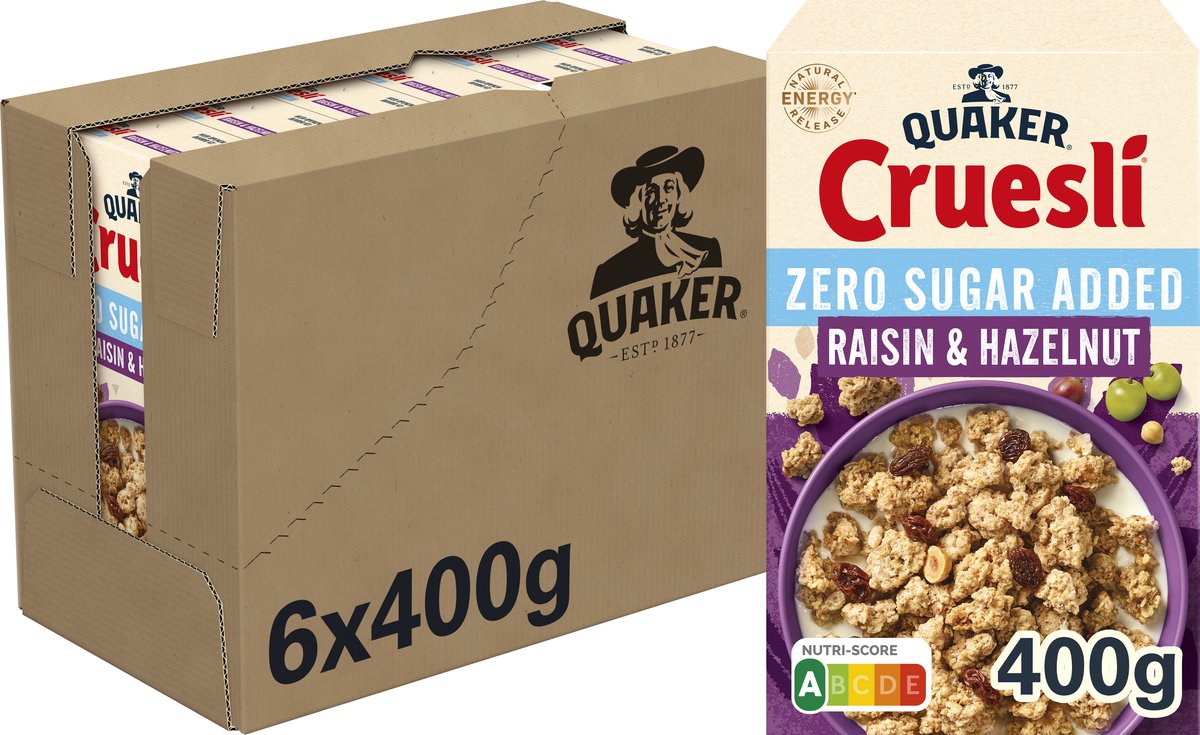 Quaker cruesli zero sugar added rozijn & hazelnoot - ontbijtgranen - 6 x 400 gram