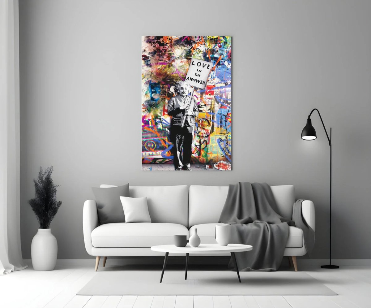 Insigne Art Glasschilderij - Graffiti - Einstein - Love is The Answer - Kleurrijke Schilderij - 140x90 cm