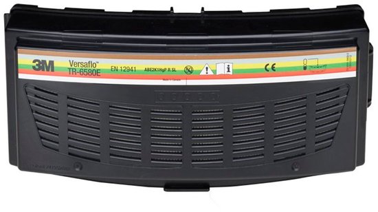 3M Versaflo TR-6580E filter met 3M logo en diverse certificeringen.