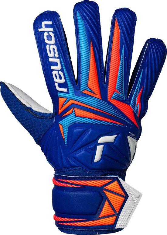 Blauwe keepershandschoen met oranje, lichtblauwe patronen, witte 'reusch' en oranje polsband.