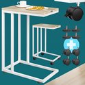 Zijtafel met lichtbruin houten blad en wit metalen frame, met een kleinere tafel ernaast.