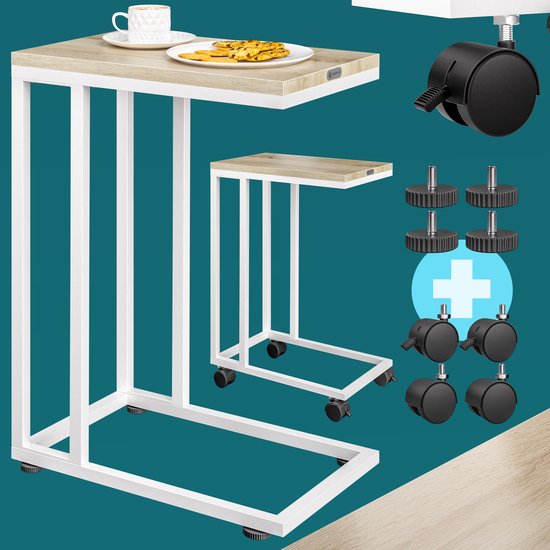 Zijtafel met lichtbruin houten blad en wit metalen frame, met een kleinere tafel ernaast.