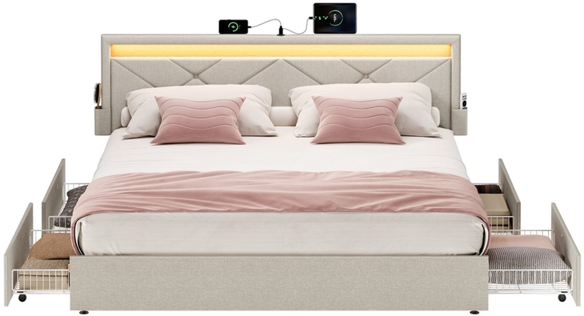 Metalen bedframe met ledverlichting en lades - 94,7 cm - Cappuccinobeige