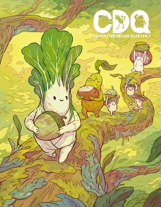 CDQ Character Design Quarterly 37. Een boksooi-achtige figuur draagt een eikel. Achter hem lopen paddestoelen en een pompoen-achtig figuur.