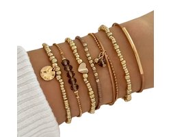 Armbanden Set Dames - 7 Delige Bohemian Sieraden Set - Goudkleurige Elastische Armbanden - Trendy & Comfortabel - Perfect als Cadeau voor Vrouwen, Meisjes & Vriendinnen - Modieuze Accessoires voor Elke Gelegenheid