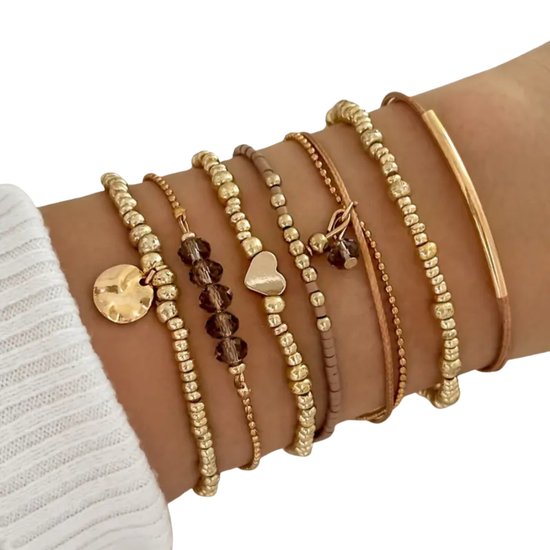 Armbanden Set Dames - 7 Delige Bohemian Sieraden Set - Goudkleurige Elastische Armbanden - Trendy & Comfortabel - Perfect als Cadeau voor Vrouwen, Meisjes & Vriendinnen - Modieuze Accessoires voor Elke Gelegenheid