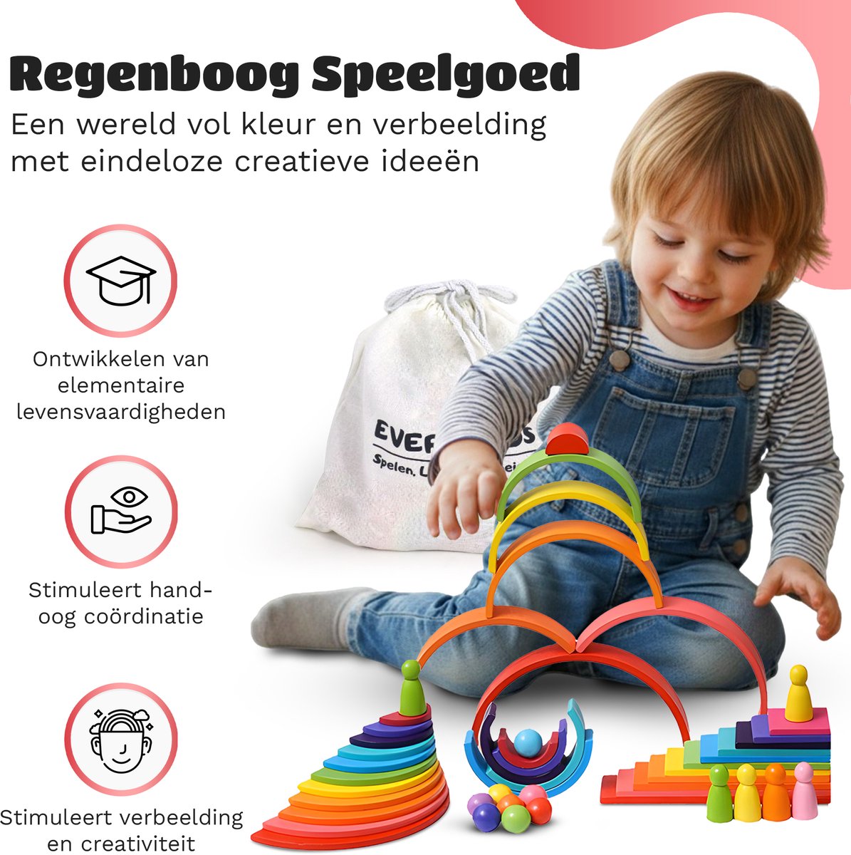 EverGoods XL Regenboog Speelgoed - Montessori Speelgoed- Educatief Speelgoed - Sensorisch Speelgoed - Houten Blokken - Stapelstenen - Incl. Opbergzakje — afbeelding 6