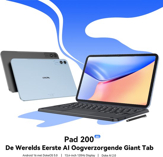 OSCAL Pad 200 Tablet - 24GB RAM - 128GB ROM - 13.4 Inch Full HD - 8300mAh AI Tablet - Android 16 - Met Toetsenbord(QWERTY), Beschermhoes, Muis, Stylus - Zwart