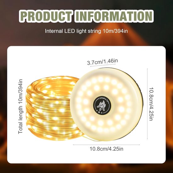 10m Camping Decoratieve Lichtsnoer - Camping Lichtsnoer - Lichtsnoer buiten - Led Lamp Oplaadbaar - Waterdichte Buitenlamp - Kampeerlamp - Lampjes - Lampenslinger - Camping lamp - Warm licht lichtsnoeren - Voor kamperen, stroomuitval en noodgevallen van Merkloos — afbeelding 5