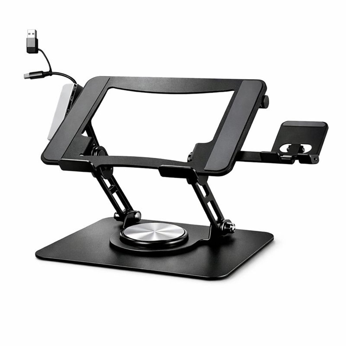 Excluzivo Ergonomische Laptopstandaard met USB-Hub en Telefoonhouder – Verstelbaar en 360° Draaibaar – Geschikt voor Laptops 10 tot 17,3 Inch – Zwart