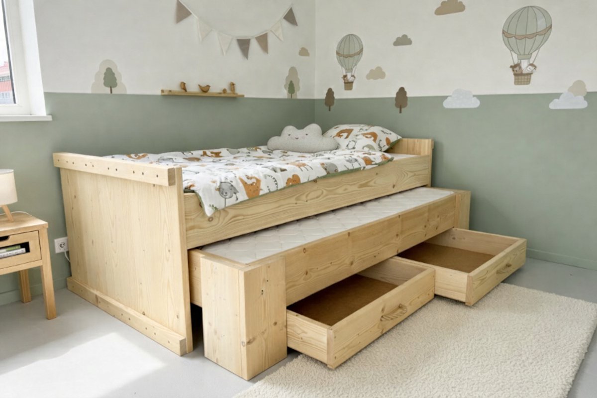 Rockwood® Kinderbed Steigerhout Marijn met 2 lattenbodems en matras onderbed Parmanaturel onbehandeld