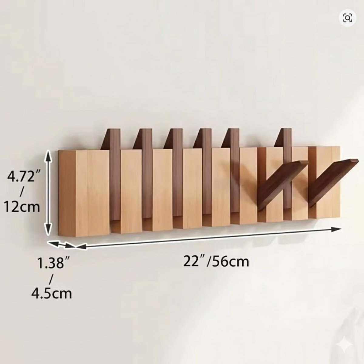 Wandkapstok Walnoothout – Inklapbare Kapstok 8 Haken – Piano / Accordeon Design – Ruimtebesparend – 56 cm – Voor Hal & Slaapkamer