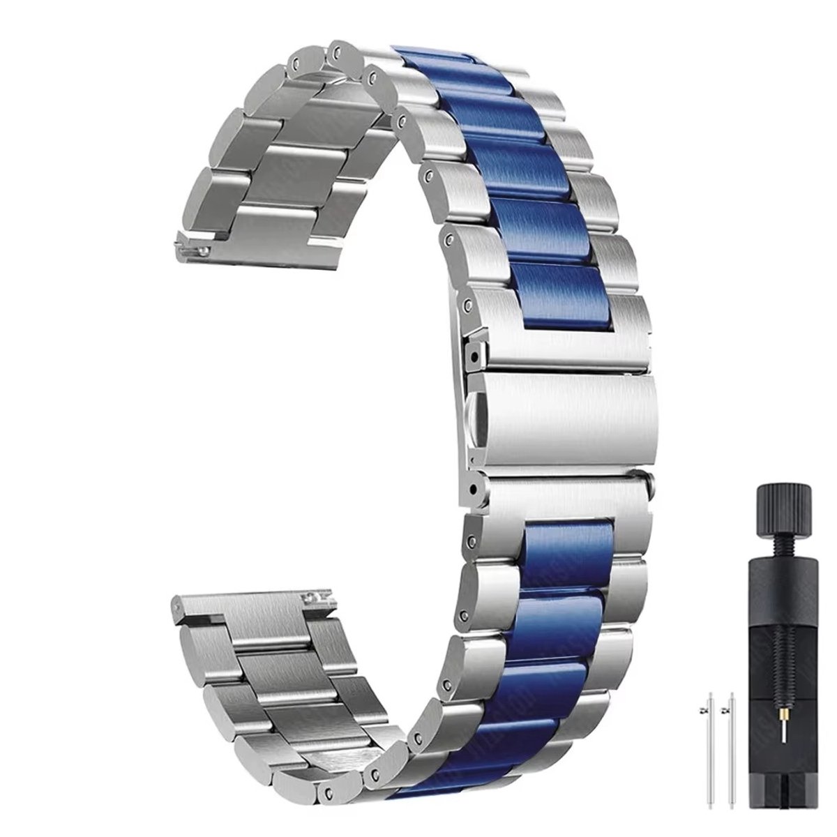 22mm Universele Oyster Horlogeband RVS316L - Zilver met Blauwe Middenschakel - Luxe Stalen Band