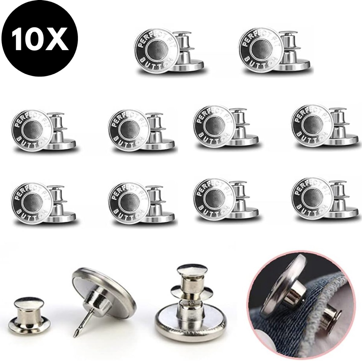 Ultiluxe® Jeans knopen zonder naaien 10 stuks - Zilver - Broekknopen - Drukknopen kleding vervanging - Snelle broekreparatie voor thuis - 17 mm buttonpin - Geschikt voor spijkerbroeken en spijkerjassen