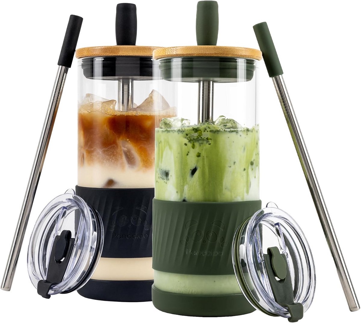 Glazen Set met Bamboe Deksel en Rietjes - 2 stuks - 600ml Iced Coffee en Smoothie Bekers