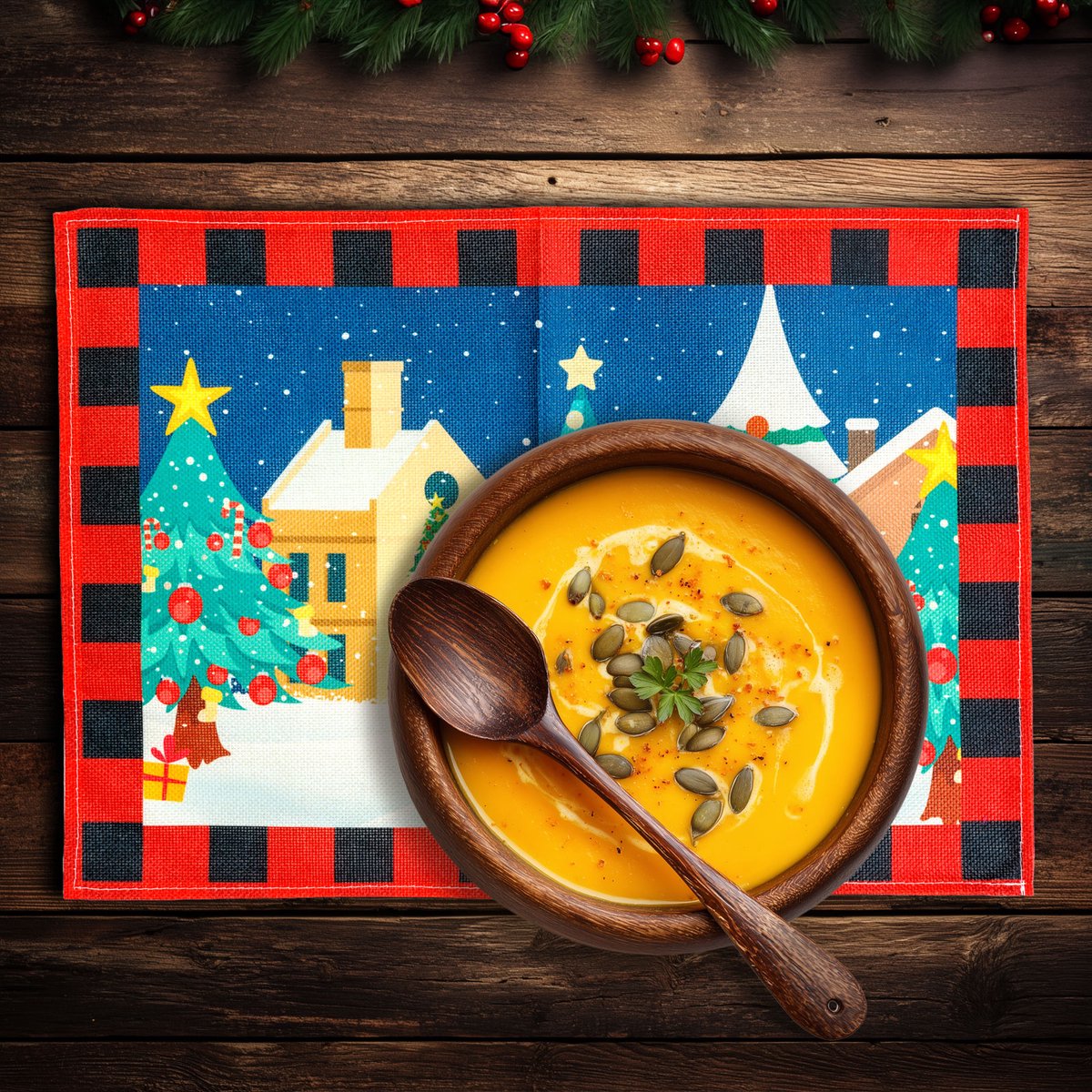 Kerst placemat kerstman – Rechthoekige tafelmat 46 x 32 cm – Feestelijk kerstdesign in rood en zwart – Beschermende tafeldecoratie 1 Stuks [59749A]