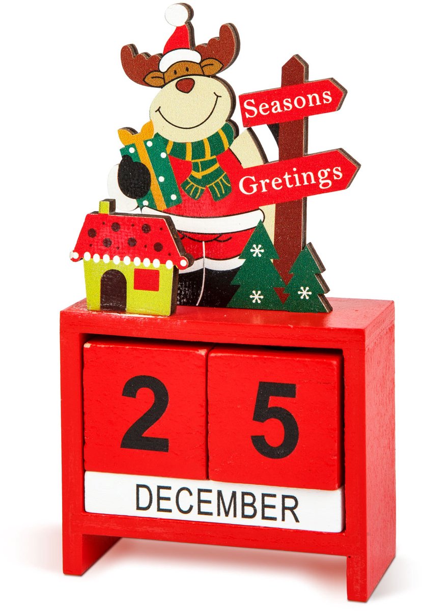 Houten kerst kalender – MDF bureaukalender 13,5 x 7 x 3,5 cm – Kerstman, rendier of sneeuwpop design (willekeurig) 1 Stuks [59740]