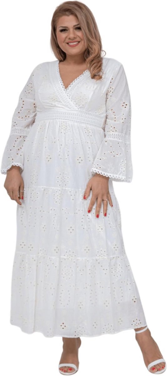 Boho Bruidsjurk Kanten V-hals Korte Mouwen Patchwork Rok Witte Jurk Dames