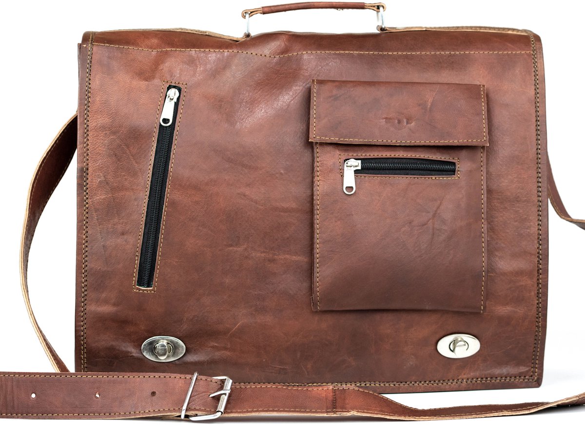 OnceDoce® Schoudertas Echt Leer Laptop Tas “Huesca” Urban Chique 42 x 29 x 11 cm - 16 inch model 0421
