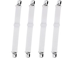 4x Verstelbare lakenspanners - Elastisch - Metalen clips - Matras / lakens - Straktrekken - Bed opmaken - Wit - Jonyx