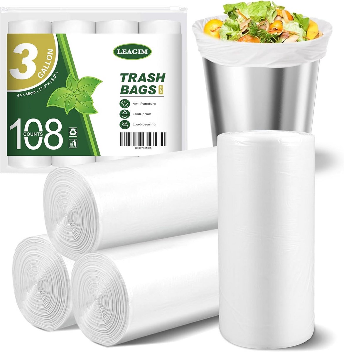 Kleine Vuilniszakken 3 Gallon (10-13 Liter) - 108 Stuks Transparant voor Badkamer en Mini Prullenbak