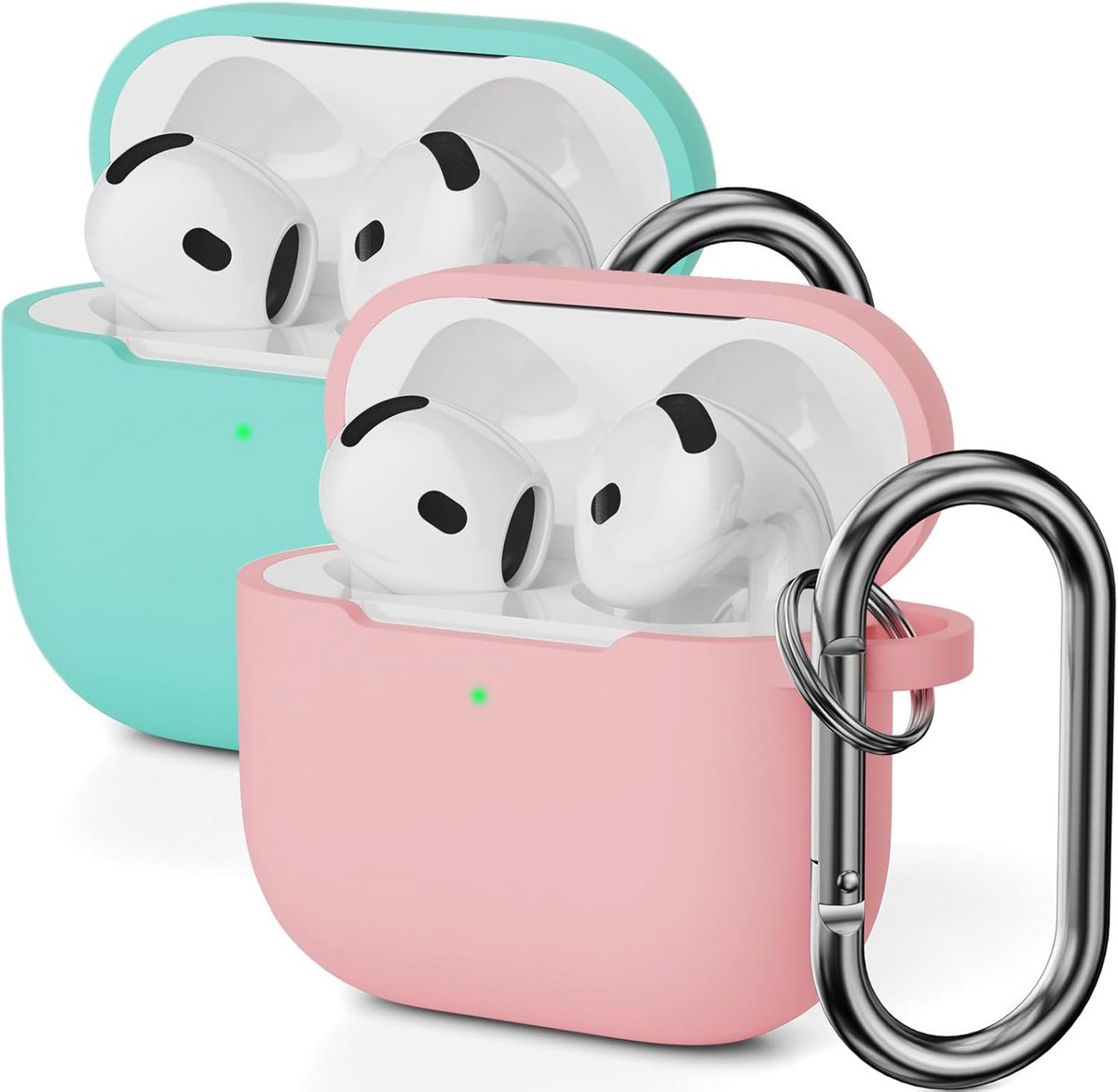 Beschermhoes voor AirPods 4e Generatie (2024) - 2 Stuks Siliconen Set Roze/Mintgroen met Karabijnhaak