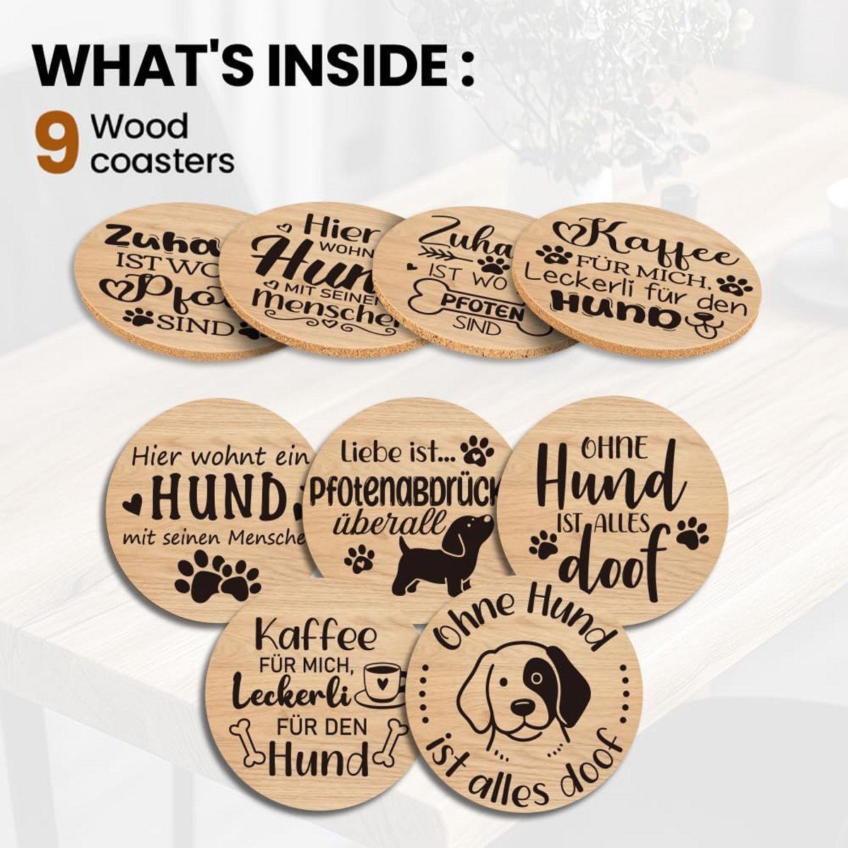 Set van 9 Houten Onderzetters Rond - Decoratief en Herbruikbaar Tafelbescherming