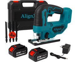 AlignX Decoupeerzaag - Accu 21V - Decoupeerzaag met Accu en Koffer - LED - 3 Pendelstanden - Voor Hout, Kunststof & Metaal - 4 Bladen - 2 Accu’s