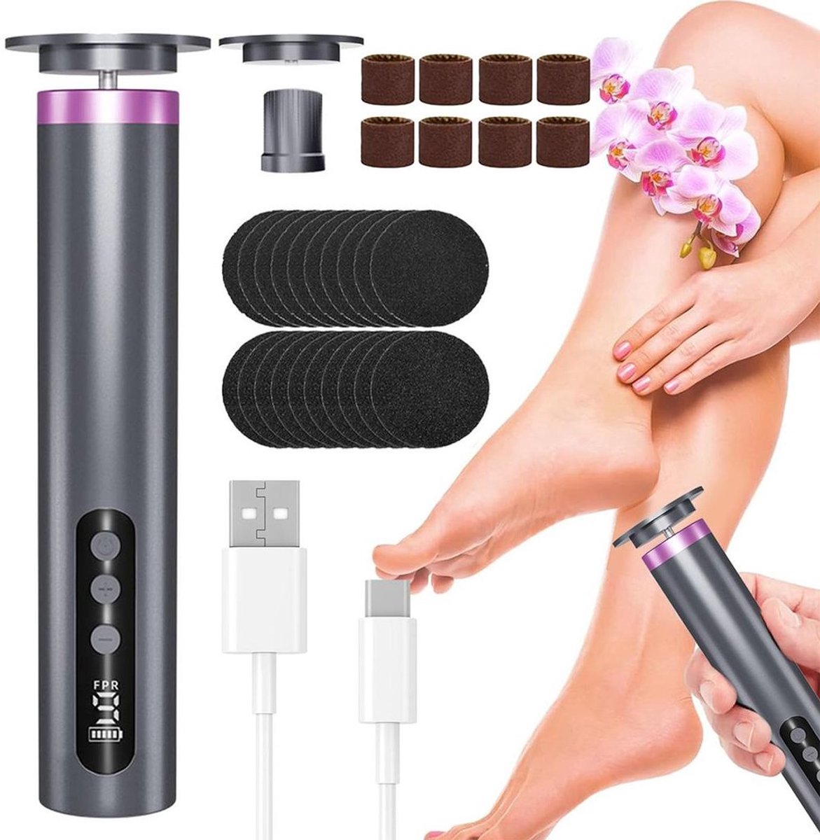 2-in-1 elektrische voeteeltverwijderaar, 9 instelbare snelheden, geschikt voor het verwijderen van voeteelt en als pedicurekit voor droge en gebarsten huid (grijs).