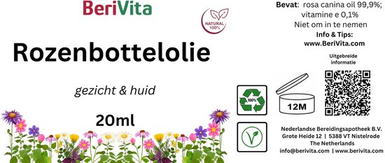 Etiket Rozenbottelolie met ingrediënten, instructies, website, QR-code en bloemen.