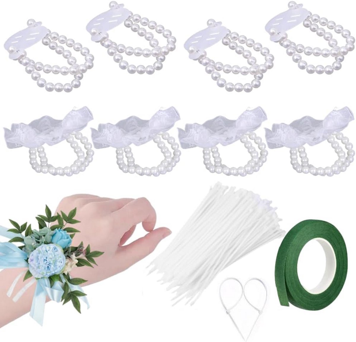 8x Elastische Polsbloemen voor Bruiloft - Bruidsmeisje & Bruid Corsage Armband Set
