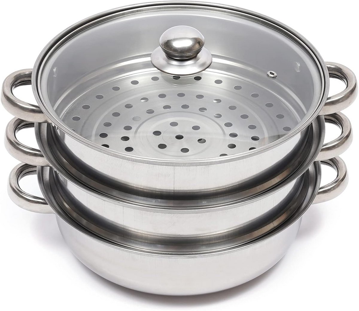 3-Delige Stoompan Set RVS (28 cm) Inclusief Steelpan en Glazen Deksel
