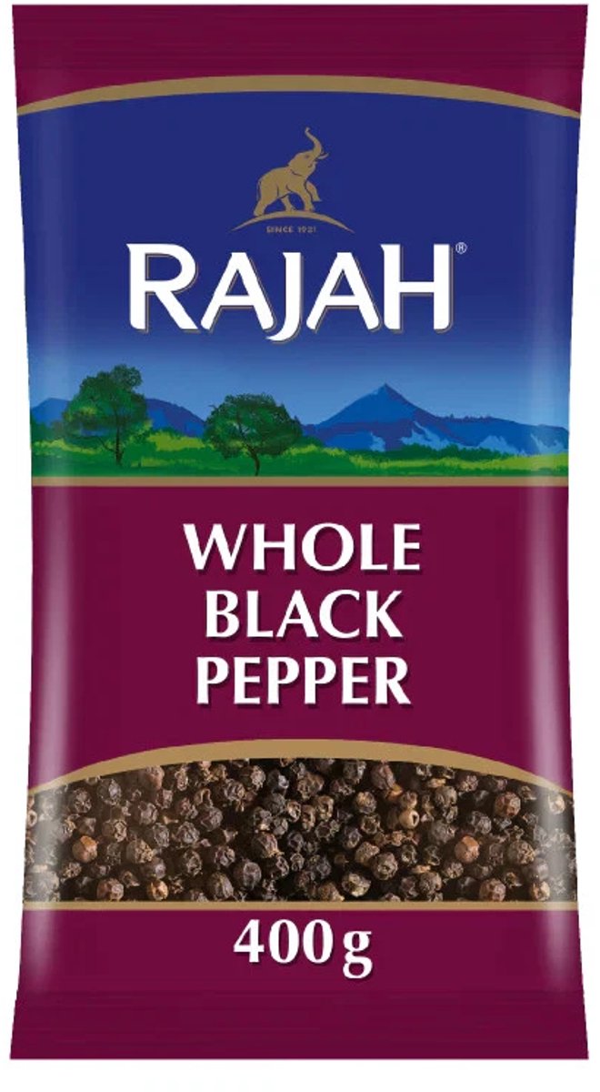 Rajah Hele Zwarte Peperkorrels 400 g – Premium Piper Nigrum, Intens Aromatisch & Pittig, Ideaal voor Pepermolen, Koken, Grillen, Marinades, Vlees-, Vis- en Groentegerechten met Kajal Sticker
