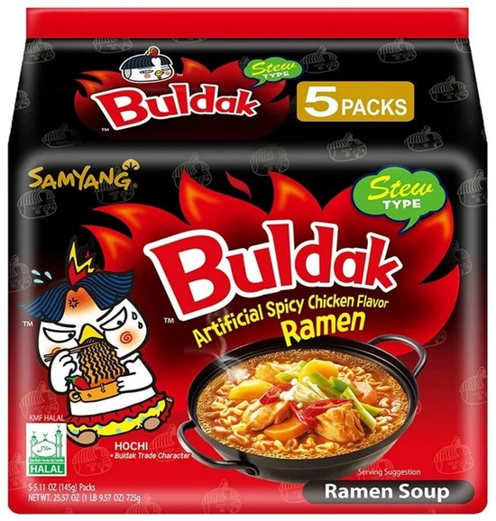 Buldak kip noedelpak met pittige kip smaak, stoof type, 5 verpakkingen.