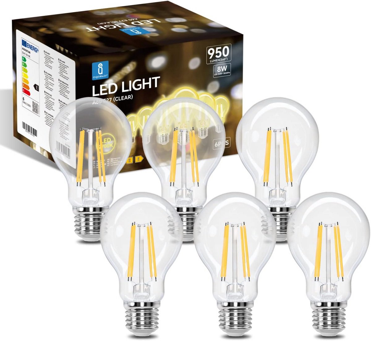 Set van 6 Vintage LED Filament Lampen E27 Warm Wit 8W Hoge Lichtopbrengst