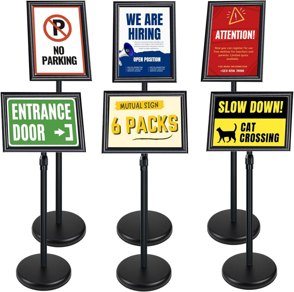 6x Verstelbaar A4 Posterstandaard Zwart - Vloerdisplay voor Menu's en Advertenties