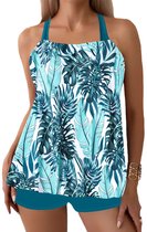 Ecupper Maillot de Bain Femme 2-delige push-up-tankini set taille huid shorty col en V borstzak met volants, Blauwe bloem, XL Ecupper Maillot de Bain Femme 2-delige push-up-tankini set taille huid shorty col en V borstzak met volants, Blauwe bloem, XL
