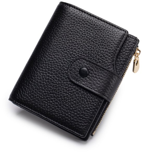 Damesportemonnee (kort model) - Echt leer - Grote inhoud - 12,5*3*10 cm - Zwart - 1 stuk
